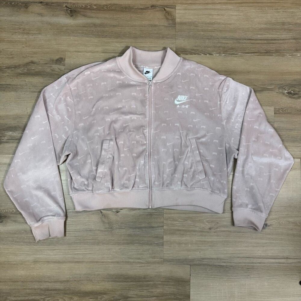 Nike Air Women's XL Full Zip Crop Velour Bomber Jacket Mauve Pink Sporty Lounge